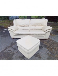 CANAPE 3P + POUF CUIR BEIGE 